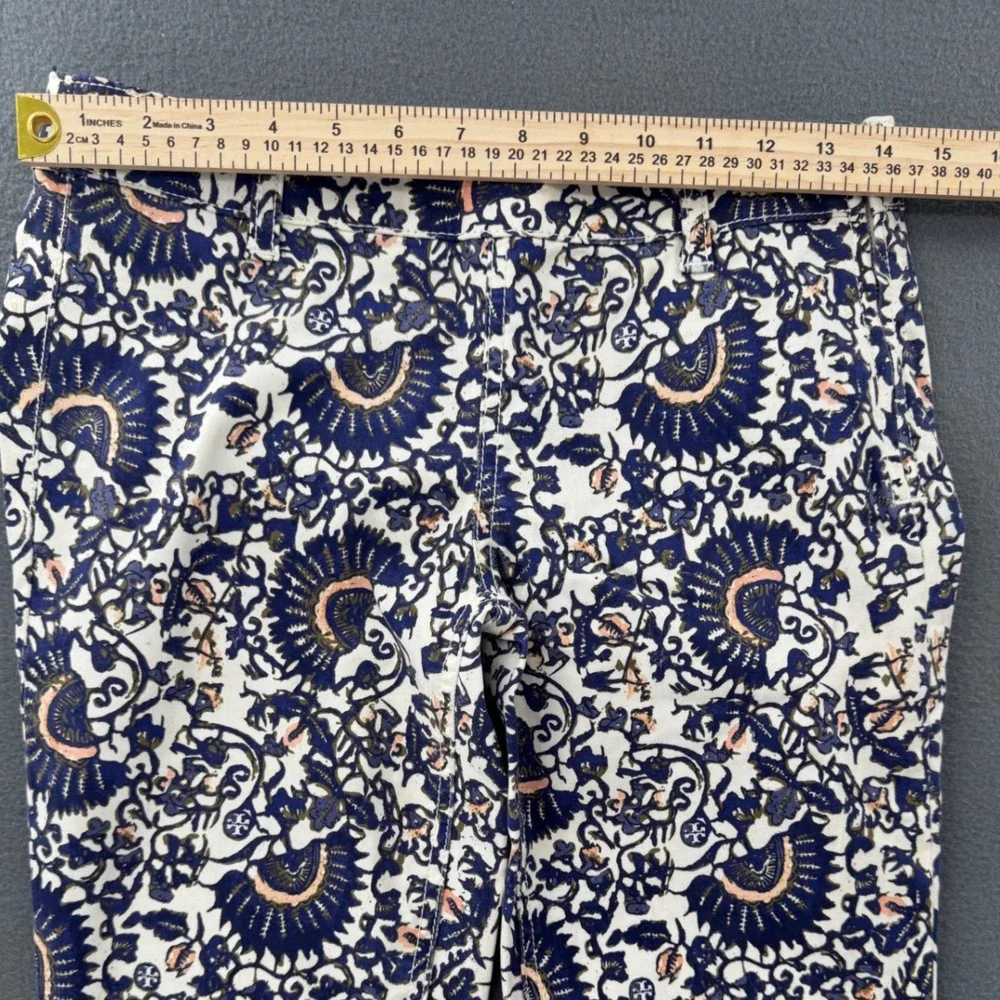 Tory Burch Cropped Skinny Jean 26 Blue Floral Print Side Zip Chic Mediterranean